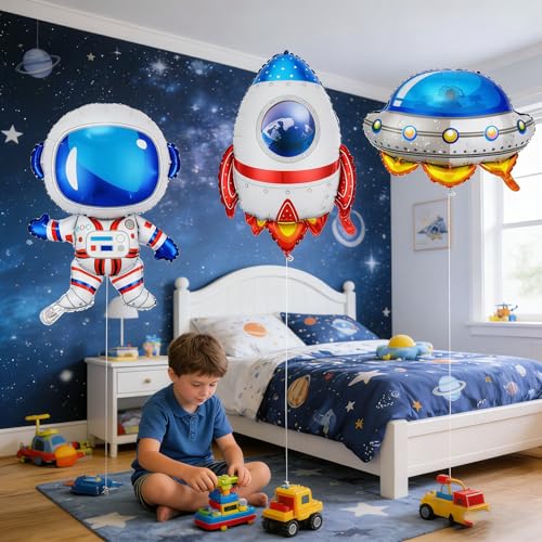 Image of Space Themed Party Decorations Balloons,6pcs Space Balloon Birthday Party Decorations,Astronaut UFO Rocket Mylar Balloons,Astronaut Birthday Decorations Baby Shower