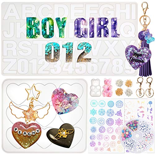 FUNSHOWCASE Charms Resin Casting Molds Set Heart Alphabet Number Bear Silicone Trays with Acrylic Beads, Tassel, Keychains, Holographic Laser Inlay Sheets, Lobster Clasps 51-kit