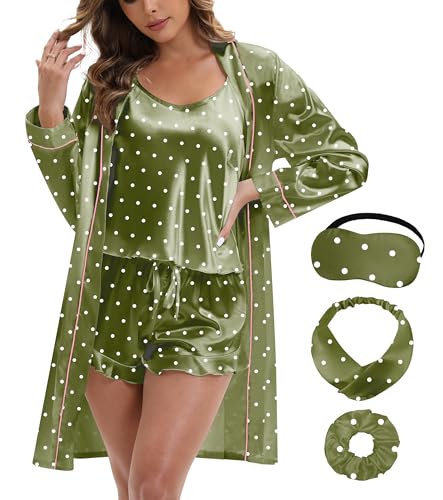 MORFORU Silk Pajamas for Women 3 Piece Satin Pajama Set with Robe Camisole Tops Ruffle Shorts with Sleep Mask 2 Piece Pjs