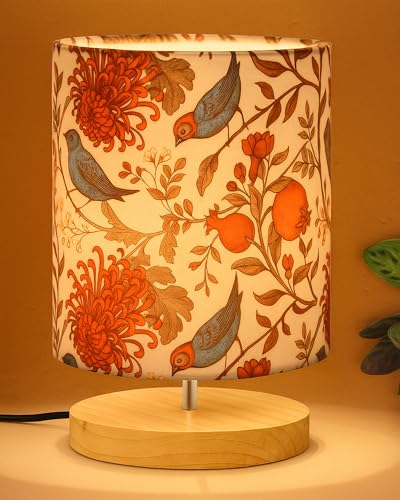 Homesake® Small Pine Table Lamp-Wooden Bedside Lamp Simple Bedroom Light Linen Shade Mini Desk Lamp Nightstand Lamps for Bedroom, Living Room, Gift, (Bird Cylinder)