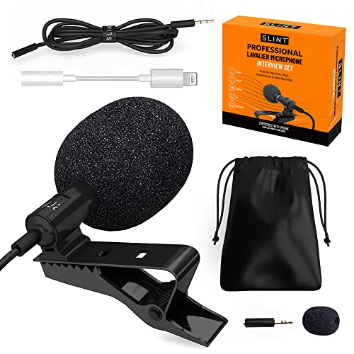 Slint Lapel Microphone with iPhone Adaptor - One Clip-On Microphone with Omnidirectional Condenser - Lavalier Lapel Mic Compatible with iPhone, Android, GoPro, DSLR - Lav Mic for YouTube Recording