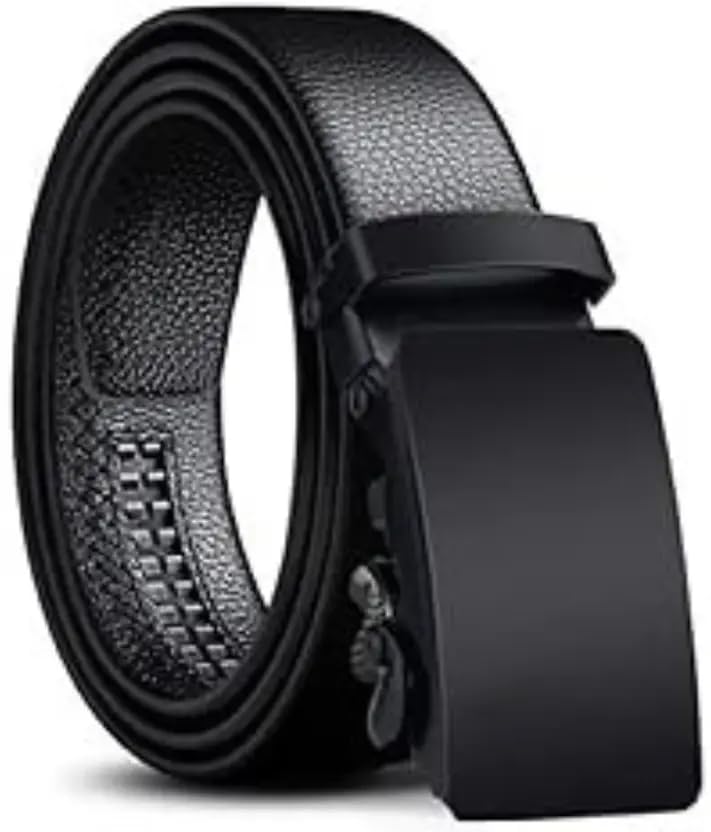 Image of TPM Men's Leather Belt with Automatic Buckle, Black, Ratchet Design, Formal Business Dress Belt, Adjustable