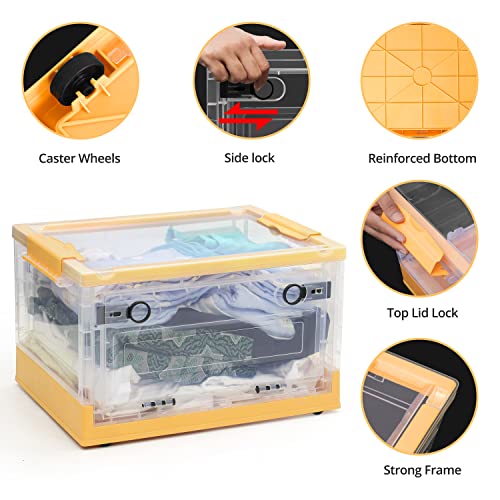 Image of ABOUT SPACE Storage Box - 3 Side Opening Transparent Body Plastic Bin with Wheels & Lid Stackable, Foldable, Portable Multipurpose DIY Organizer for Clothes,Toys, Books - Yellow L 40 x B 30 x H 24 cm