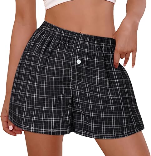 Image of Women Boxer Shorts Summer Gingham Pj Casual Plaid Bottoms with Pocket