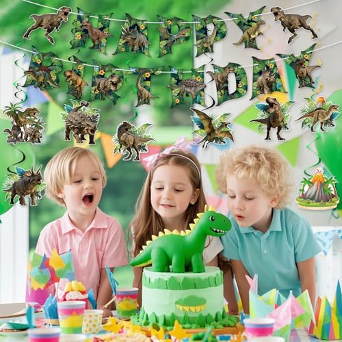 Image of Hooqict Happy Birthday Banner Dinosaur Birthday Decorations with 15Pcs Dinosaur Hanging Swirl Ceiling Streamers for Kids Boys Jungle Safari Green Dino Themed Party Decorations Supplies