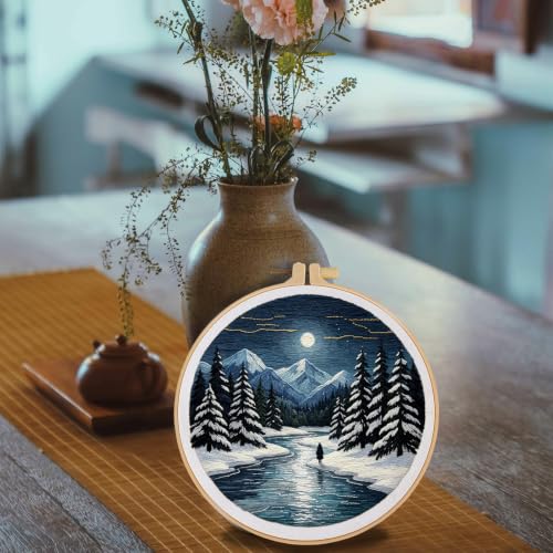 Image of FONNUY Embroidery Kit for Beginners, Boho Nature Landscape Pre-Stamped Pattern Kits for Adults with Hoop, Easy to Follow Color Thread Needlework, 8'' Hoop (Winter Night)