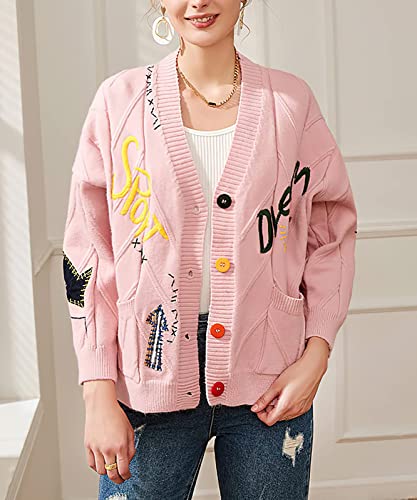 Image of utcoco Womens Open Front Cardigan Cable Knit Long Sleeve Button Down Embroidery Cardigan Sweaters