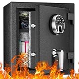 WASJOYE 耐火金庫 指紋認証式 火災対策可 A4ファイルに対応可 仕切り板付き 鍵付き テンキー付き 高度調整可能 警報アラーム付き 緊急給電機能搭載 固定可能 会社用 ホテル用 店舗用 業務用 防犯家庭用耐火金庫(34.0L)