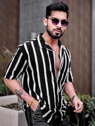 Image of Maniac || Mens || Striped || Collared Neck || Half Sleeve || Popcorn Knitted || Shirt