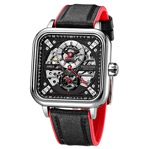 Image of ROCOSJEWE Automatic Watches for Men Skeleton Mechanical Watch Stainless Waterproof Anti Shock Casual Analog Dress Watch Leather Band Vintage Square Ultra Thin Business Wristwatch R0917