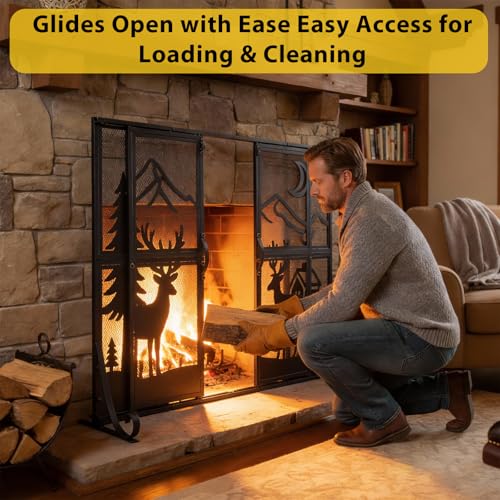 Fiwochic Fireplace Screens with Sliding Doors 37.8 W x 30.7 H with Deer Pattern 8 Panel Handcrafted Wrought Iron Decorative Mesh Fire Spark Guard Protector for Living Room Indoor Children Pet Safety - Thumbnail 4