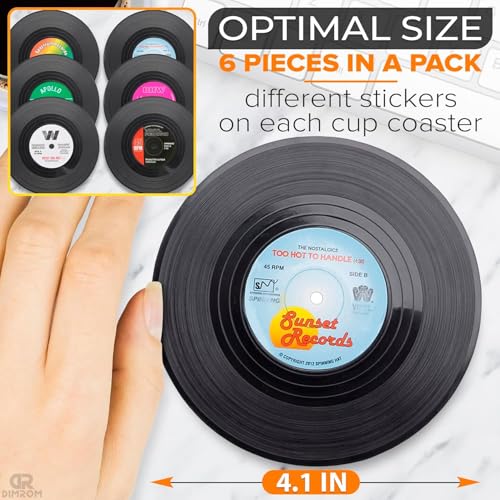 Image of 6Pcs Vinyl Record Coasters for Drinks - 4.1 inch Retro Gift Record Player Coasters for Desk - Durable and Heat-Resistant Mini Vinyl Records Set to Decorate Home Bar, Kitchen or Office