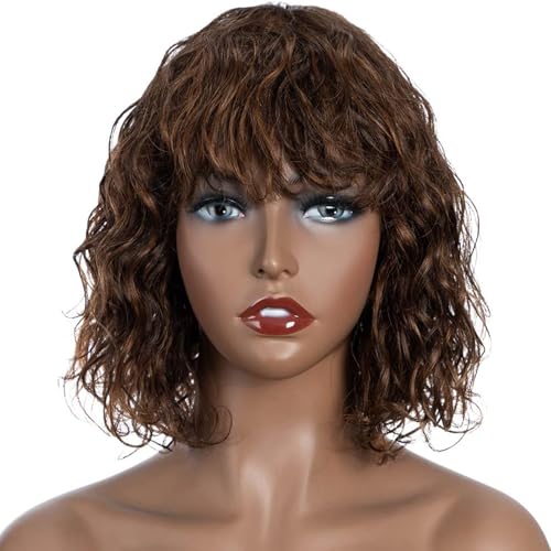 FASHION IDOL Bob Curly Human Hair Wig for Black Women 10 Inches Brazilian Virgin Human Hair Short Deep Water Wavy Wig with Bangs 150% Desity (10 Inch, Brown)