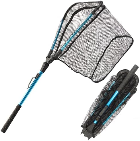 Fishing Net Folding Landing Net – Collapsible Fishing Nets with Telescopic Pole Handle, Durable Rubber Coating Knotless Mesh, Safe Fish Catching and Releasing