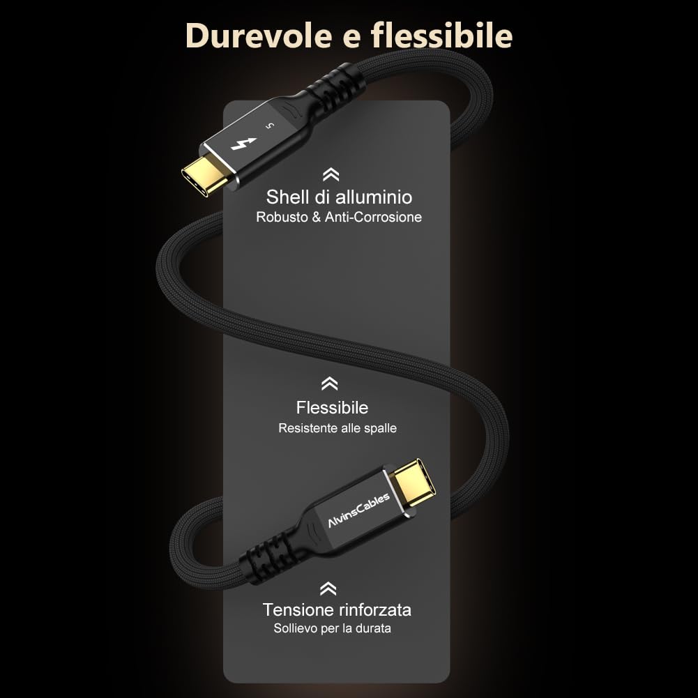 Alvin's Cables Cavo Thunderbolt 5, 30,48 cm, da USB-C a USB-C, 120 Gbps, 240 W, PD ricarica rapida, visualizzazione 16K, compatibile con Thunderbolt 4/3, USB4, per MacBook, Egpu, Dock, certificato