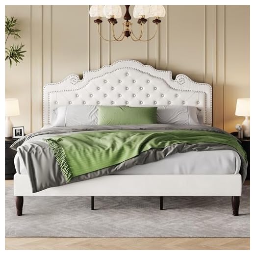 SHA CERLIN King Size Bed Frame with Adjustable Headboard/Velvet Upholstered/Diamond Button Tufted and Metal Studs/No Box Spring Needed/Sturdy Wood Slat Support/Easy Assembly/White