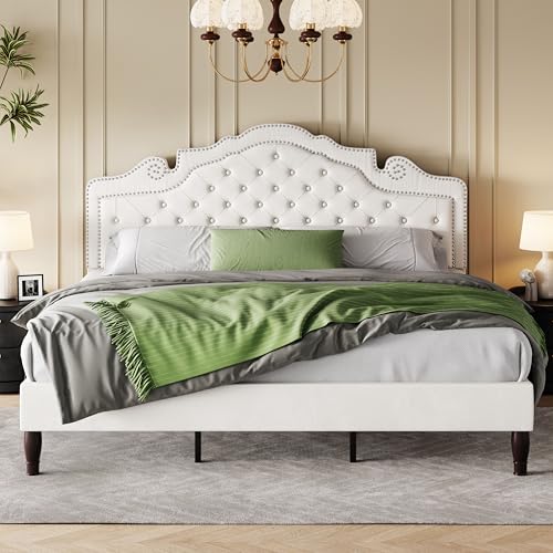 SHA CERLIN King Size Bed Frame with Adjustable Headboard/Velvet Upholstered/Diamond Button Tufted and Metal Studs/No Box Spring Needed/Sturdy Wood Slat Support/Easy Assembly/White