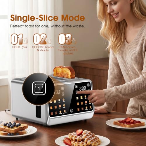 Image of 4 Slice Toaster with Dual Touchscreen, 1800W Stainless Steel Dual Zone Independent Control Extra Wide Slot 1.5 Inch, Smart BreadID Timer for Bagel Waffle, Kitchen Essentials