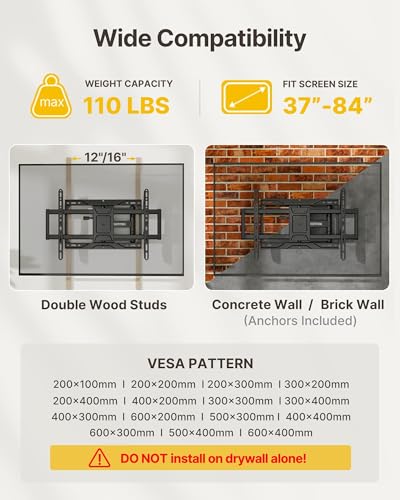 Image of monTEK Full Motion TV Wall Mount for 37-84 Inch TVs, TV Mount Bracket with Articulating Arms, Tool-Free Tilt & Swivel, Extension, Max VESA 600x400mm, Fits 12 inch /16 inch Wood Studs, Up to 110lbs, 4X Tested