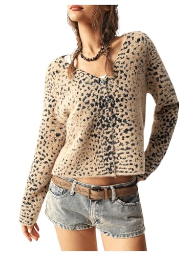 Image of BEAUDRM Women's Cheetah Cardigan Sweater Y2K Leopard Print Fuzzy Crop Cardigans Button Front Long Sleeve Outwear Knit Top