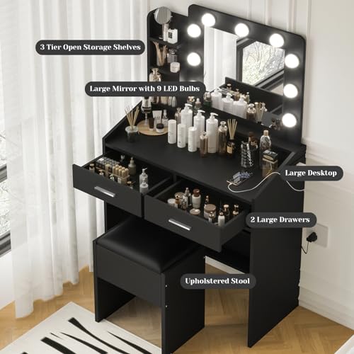 GarveeHome Vanity Desk with Mirror and Lights, Makeup Vanity with Power Outlet & Cushioned Stool, 3 Lighting Modes Adjustable Brightness, Dressing Table with Hairdryer Holder for Bedroom, Black