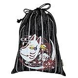 [江戸てん] 信玄袋 捺染カラー柄入り 合切袋 合財袋 綿100％ しじら生地 巾着 御朱印帳袋 内ポケット付き メンズ レディース P051狐面と彼岸花カラー 701黒ストライプ