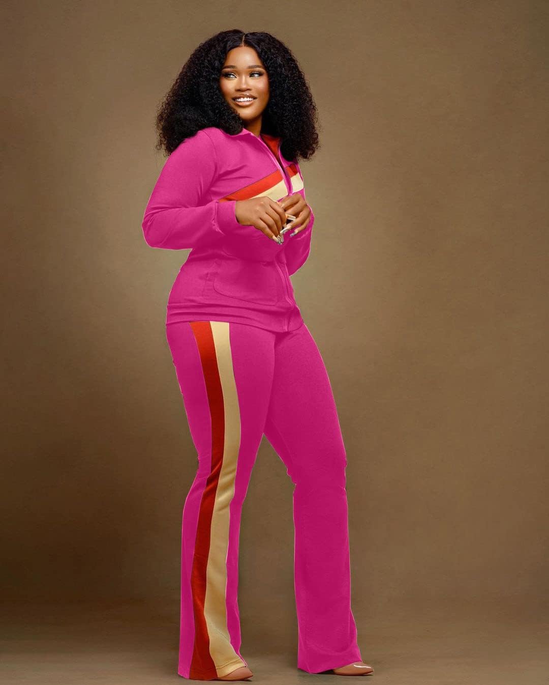 2 Piece Outfits for Women Long Sleeve Striped Zipup Jacket Wide Leg Long Pant Retro Tracksuit Sport Set Wine Red - Image 4