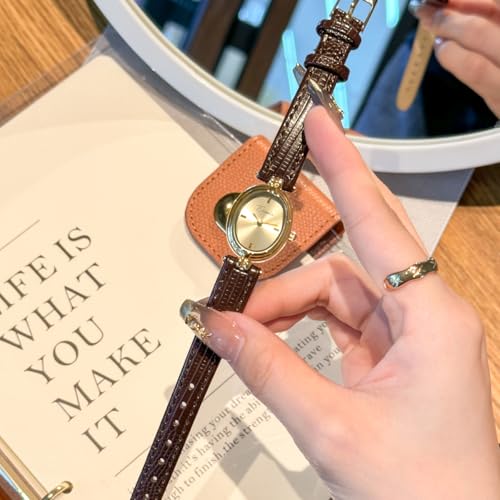 CARLIEN Womens Fashion Small Gold Oval Quartz Watches Vintage Leather Band Waterproof Luxury Casual Ladies Bracelet Wrist Watch Brown Black (Brown) by CARLIEN - Used condition - Image 3