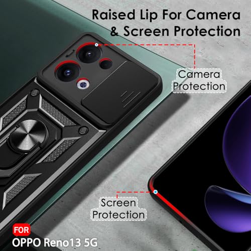 Image of TheGiftKart Tough Armor Bumper Back Cover Case for Oppo Reno 13 5G | Sliding Camera Cover, Kickstand & Ring Holder | 360 Degree Protection Back Cover Case for Oppo Reno13 5G (PC & TPU, Black)