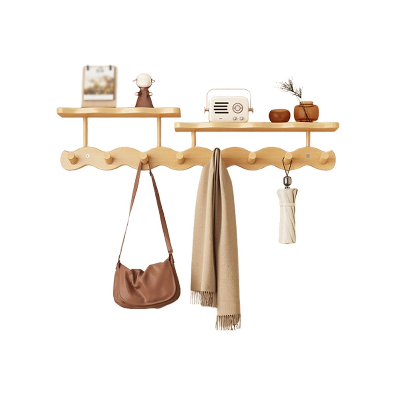 FGXHHS Wall Coat Rack, Wooden Hooks with Shelf, Multi Hook Racks, Hanging Shelving Dual and Key Hooks, for Bathroom, Bedroom, Kitchen, Living Room, Mudroom(Wooden,YES8)