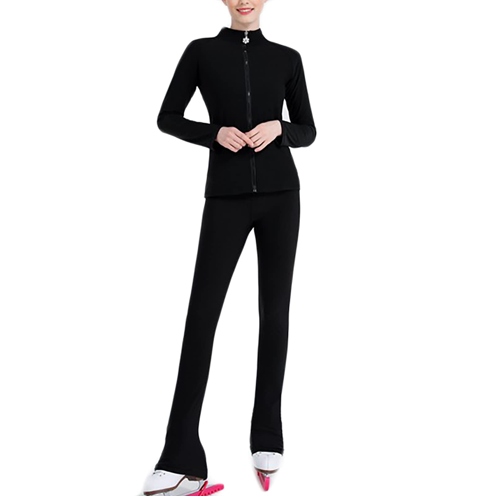 Giacca e Pantaloni Termici per Pattinaggio Artistico Ragazze e Donne Traspirante Pantaloni in Pile Polare con Strass(Size:M,Color:Nero)