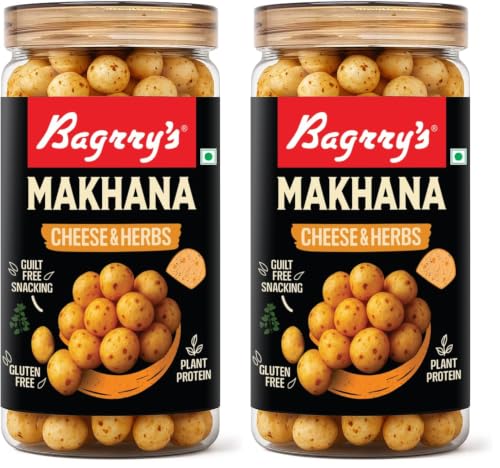 Image of Bagrry's Roasted Cheese & Herbs Makhana 70g | Healthy Namkeen Snack & Roasted Fox Nuts | No Palm Oil, Not Fried, No Added Preservatives | Calcium-Rich, Light & Crunchy Snack (Pack of 2)