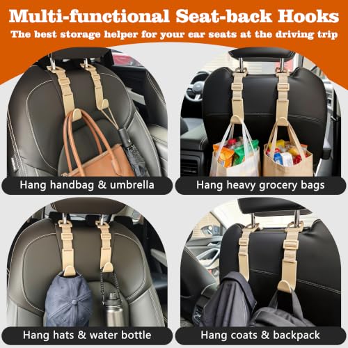 Image of Amooca Anti-drop Car Headrest Hooks 4 Pack Seat Organizer for Bags | Universal Fit Cars SUV Truck, Adjustable, Holds Backpack Water Bottle Handbags Groceries, 40lb Heavy Duty, Clip Design