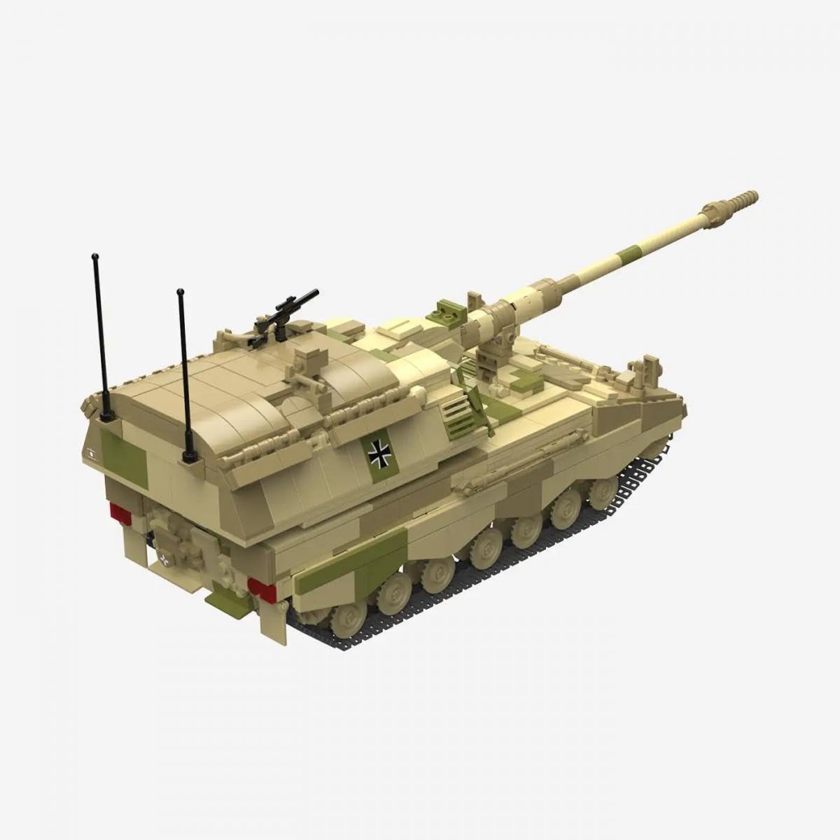 BlueBrixx Panzerhaubitze 2000 Wüstentarn, 1385 Teile, Displaymodell | Gefedertes Fahrwerk, Kettenstruktur, Luken und Turmheck, helle Farbgebung, 420 x 128 x 180 mm, ab 14 Jahren, 108944