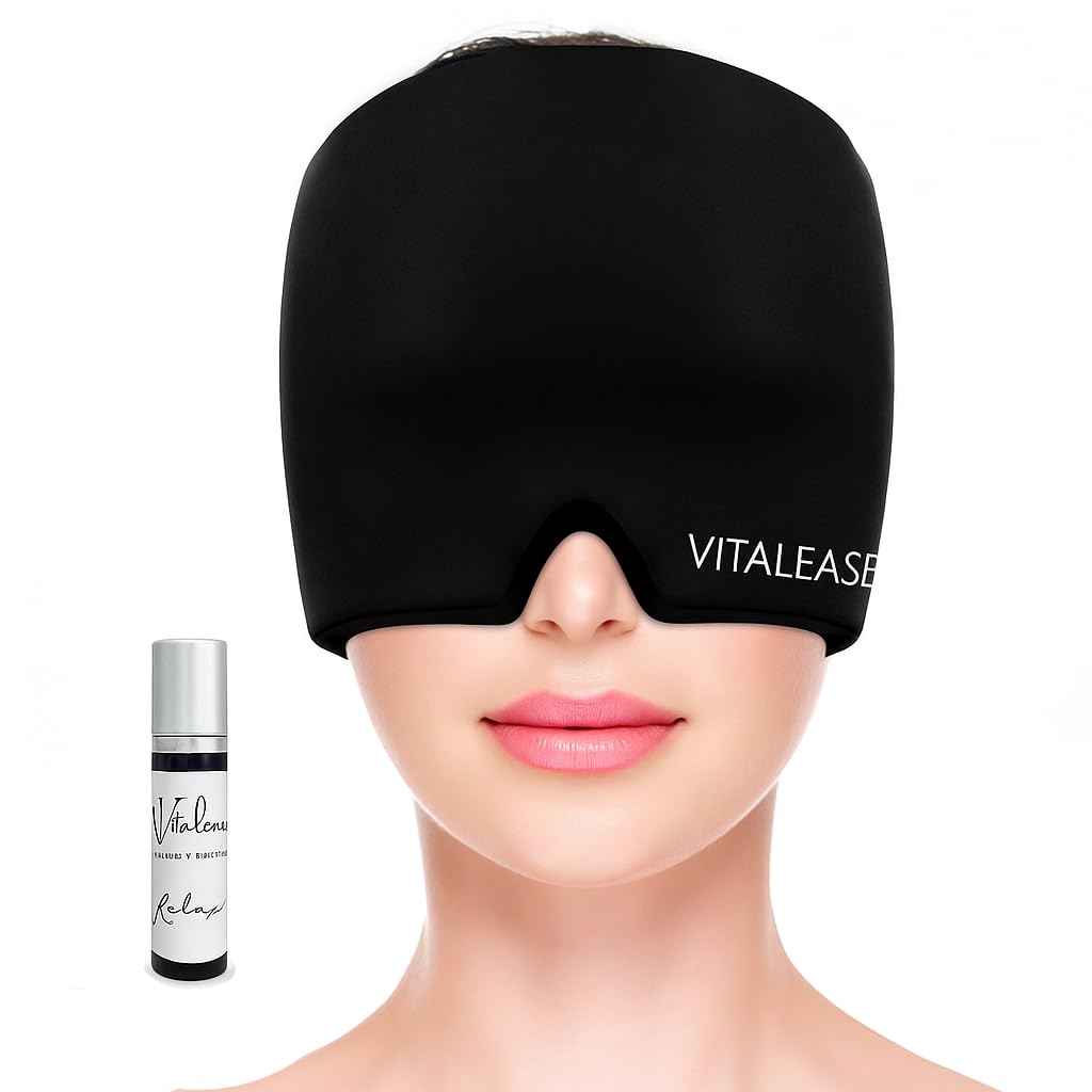 Gorro Migraña, Mejorado Antifaz Migraña Frio, Doble Capa de gel, Gel envolvente 360º, Para Aliviar Migraña, Sinusitis, Estrés, Dolor de cabeza y Aceite Esencial para Migraña