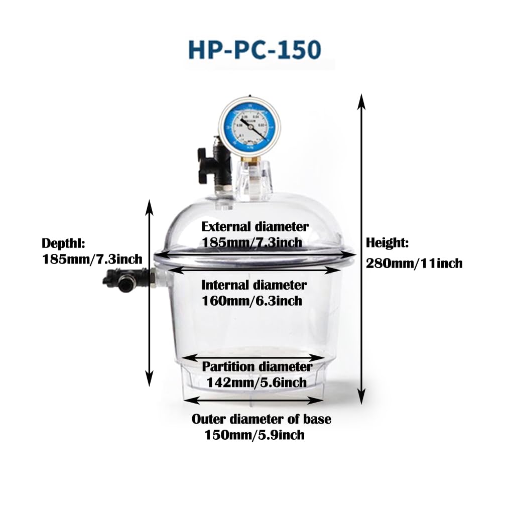 150mm/250mm Professional Vacuum Dryer Polycarbonate Plastic Vacuum Desiccator Double Valve with Pressure Gauge Laboratory Dessicator Dryer Vacuum Drying Storage (150)