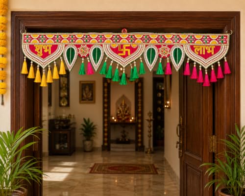 Image of ONESTA Handcrafted Shubh Labh Door Toran Bandhanwar with Swastik & Mirror Work | Traditional Main Door Hanging with Tassels | Decorative Toran for Diwali Pooja Temple Griha Pravesh & Home Entrance (3 Feet Size 36 Inch Pack 01)