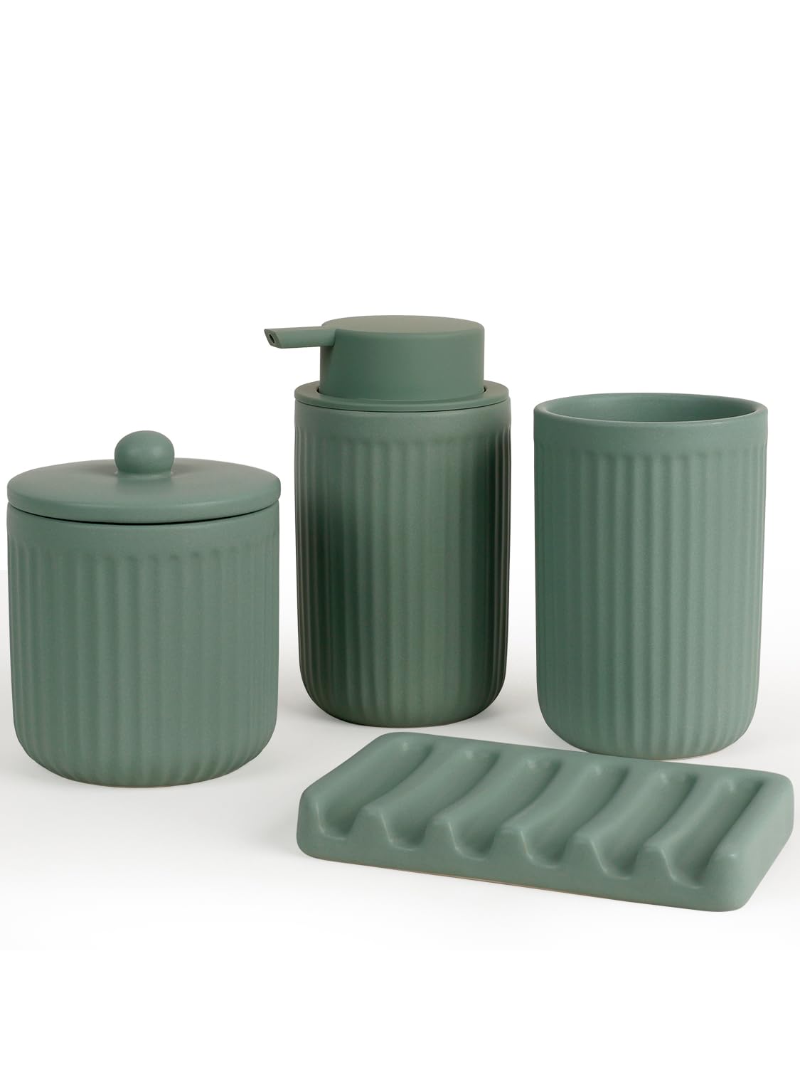Badezimmer Set Grün, 4-teilig Keramik Bad Zubehör - 350 ml Seifenspender, Zahnputzbecher, Seifenschale & Wattestäbchen Behälter, Deko Badausstattung Set für Waschbecken