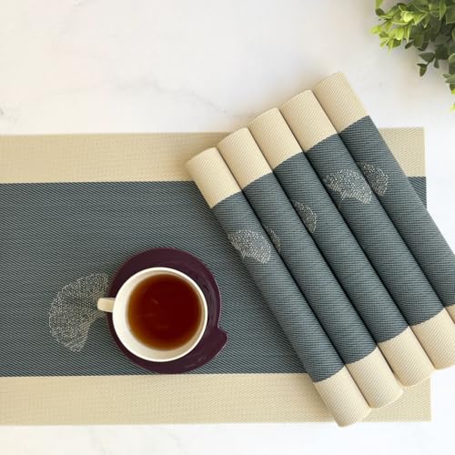 Image of Livmodern Premium Dining Table Mats Set of 6 | Wipeable & Washable PVC Placemats | Anti Skid and Heat Resistant Designer Mats 6 Pieces - Midnight Bloom