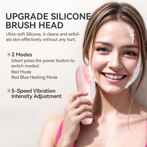 Silicone Face Scrubber, Facial Cleansing Brush with Heating and Vibration, Electric Waterproof Face Wash Brush with 5 Strength Adjustable for Exfoliating, Deep Cleaning, and Face Massaging (Pink) - Image 3