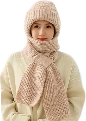 Windproof Cap Scarf with Integrated Ear Protection, Double Layer Fleece Line Beanie Hat Winter Warm Knitting Thick Scarf for Women (02# Beige)