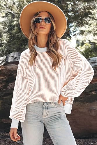 Image of Womens Sweaters Fall 2026 Clothes Oversized Striped Knit Top Winter Outfits | ETCYY Long Sleeve Colorblock Pullover Tops,Fall Sweaters For Women Trendy,Casual Work Office,Cream,Cute Oversized Sweater