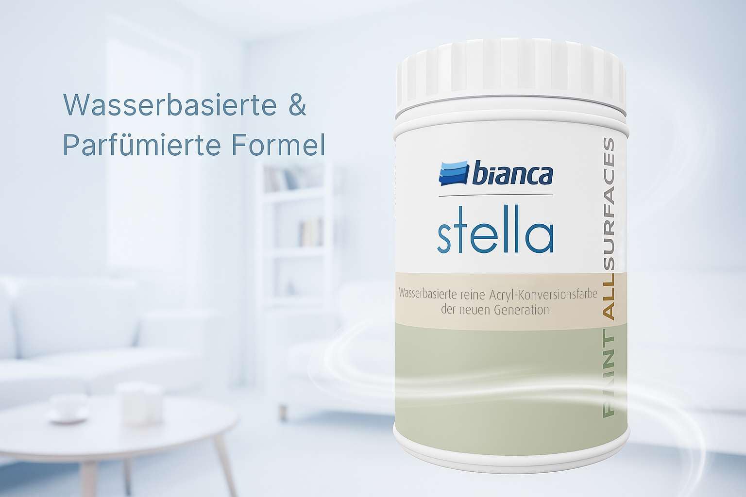 Bianca Stella Universalfarbe Ohne Schleifen - Wasserbasierte Parfümierte Renoiverfarbe für Möbel, Holz, Fliesen, Metall & Kunststoff - Weiß, Glänzend, Kratzfest, Hochdeckend, 500ml