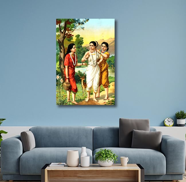 Image of Sikhash Raja Ravi Varma Canvas Painting Classic Art, Indian Art, Famous Artist, Wall Painting for Living Room, Bedroom, Office, Unframed, Multicolor Fabric Size - 35x23 inches (89x58 cms, Shakuntala and Sakhis)