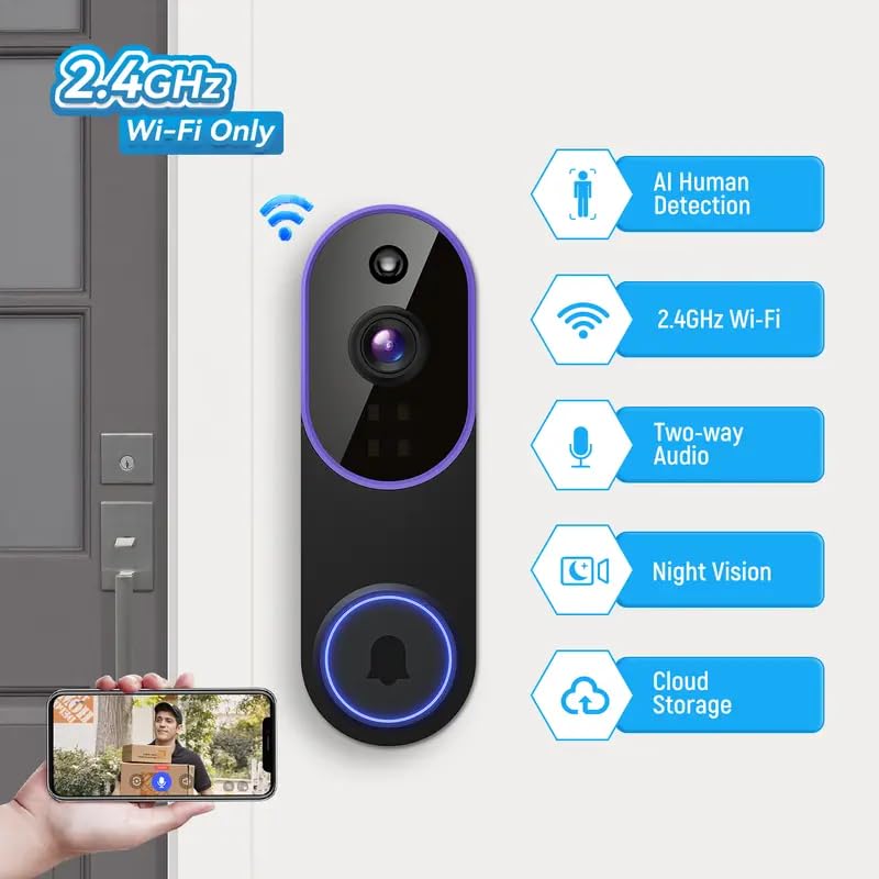 Image of Wireless Video Doorbell Camera, Smart Security, 1080P, AI Human Detection, Night Vision, Instant Alert, Two-Way Audio, 2.4G WiFi Only, Simple Installation, Rechargeable Battery, Cloud Storage