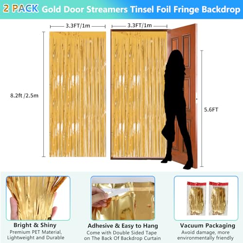 Image of 2 Pack 3.3x8.2 FT Gold Backdrop Birthday Decorations Foil Tinsel Curtain Gold Dooor Streamers Party Hanging Decorations Photo Booth Props for Birthday Graduation Bachelorette Christmas New Years Eve