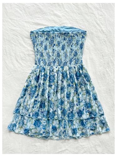 SHENHE Girl's Floral Tube Top Dress Strapless Layered Ruffle Hem Ruched Flowy Boho Sundress2