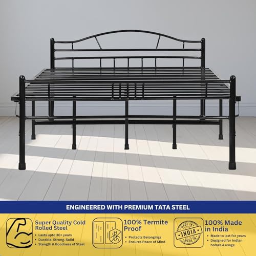 Image of DELITE KOM Lyra Foldable Metal Bed | King Size (6.4ft x 6ft) | Portable | No Installation | Strong Steel Frame | Powder Coated | Heavy Load | for 75 inchx72 inch Mattress | Glossy Black | 1 Year Warranty
