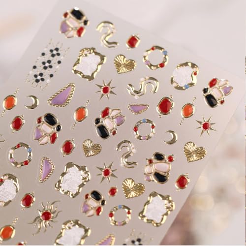 Image of Colorful Gem Nail Stickers Irregular Frame Design Vintage Nail Art Decals | Gold Metal Nail Decals 5D Self Adhesive Rhinestone Lace Nail Art Stickers for Luxury Manicure Decor Accessories 1 Sheets