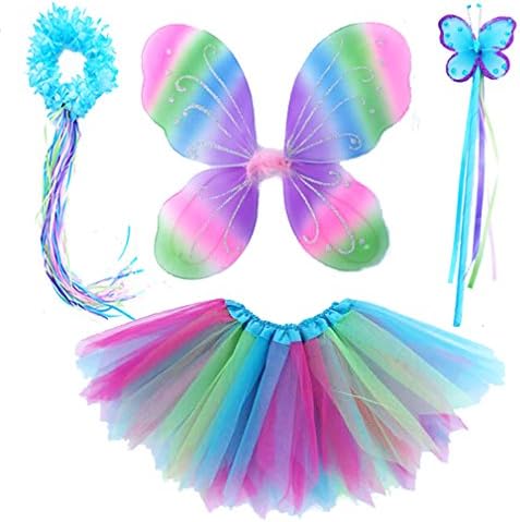 4 PC Girls Fairy Wings Butterfly Costume Set with Wings, Tutu, Wand & Halo